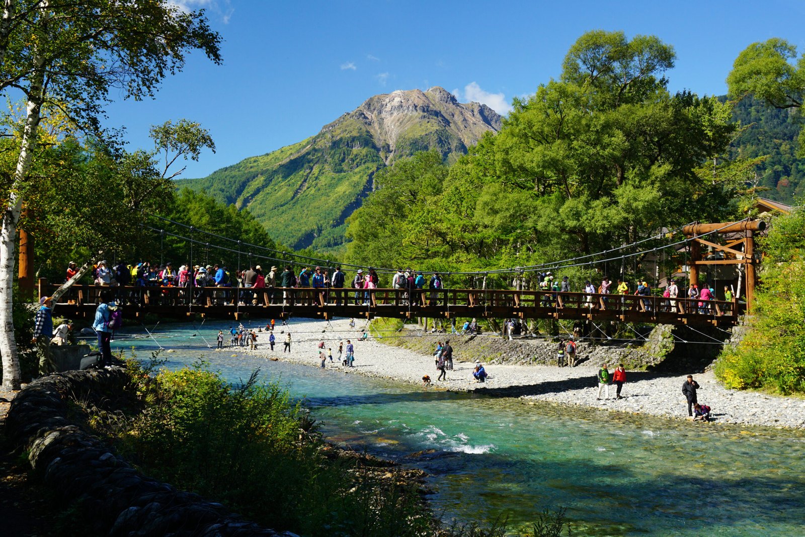 上高地的河童橋與穗高連峰，梓川清流之上的木造吊橋