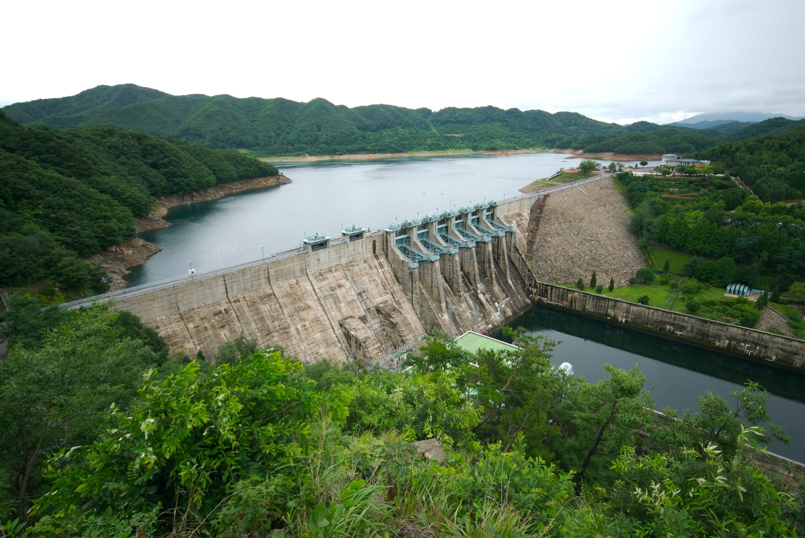 自高處俯瞰大清湖與大清水壩，湖水沿著群山蜿蜒