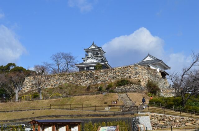 日本靜岡縣濱松城野面積石垣上的復興天守與天守門