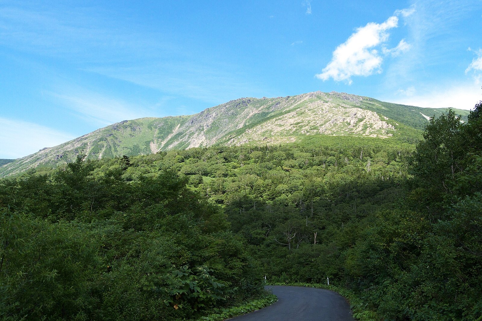 自岩手縣道 25 號望向早池峰山，山腰可見蛇紋岩的岩場