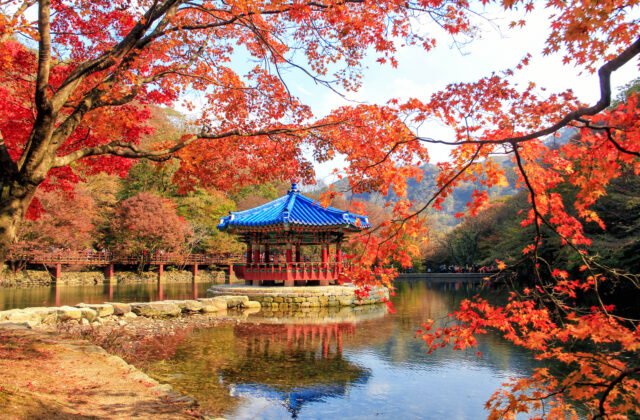 內藏山國立公園秋日紅葉與湖畔涼亭