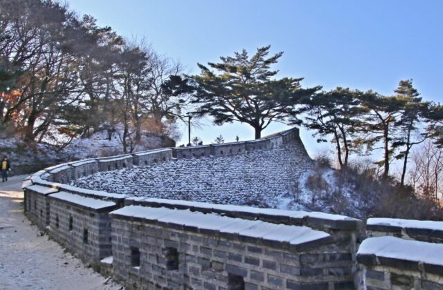 南漢山城石造城牆沿山稜蜿蜒、松林、世界遺產山城