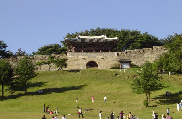 清州上黨山城的南門城樓與石造城牆，前方是開闊的草地與遠山