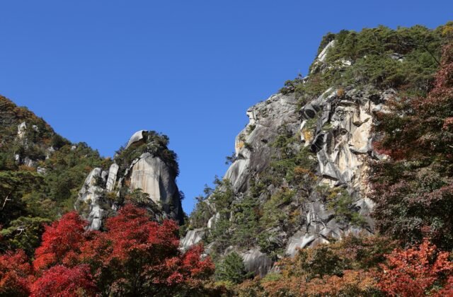 昇仙峽覺圓峰花崗岩巨峰與秋日紅葉