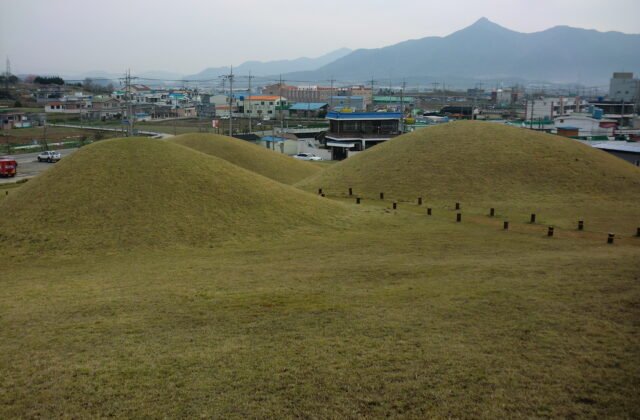 固城松鶴洞古墳群，草覆的小伽倻王陵級封土墳，遠方是市區與山