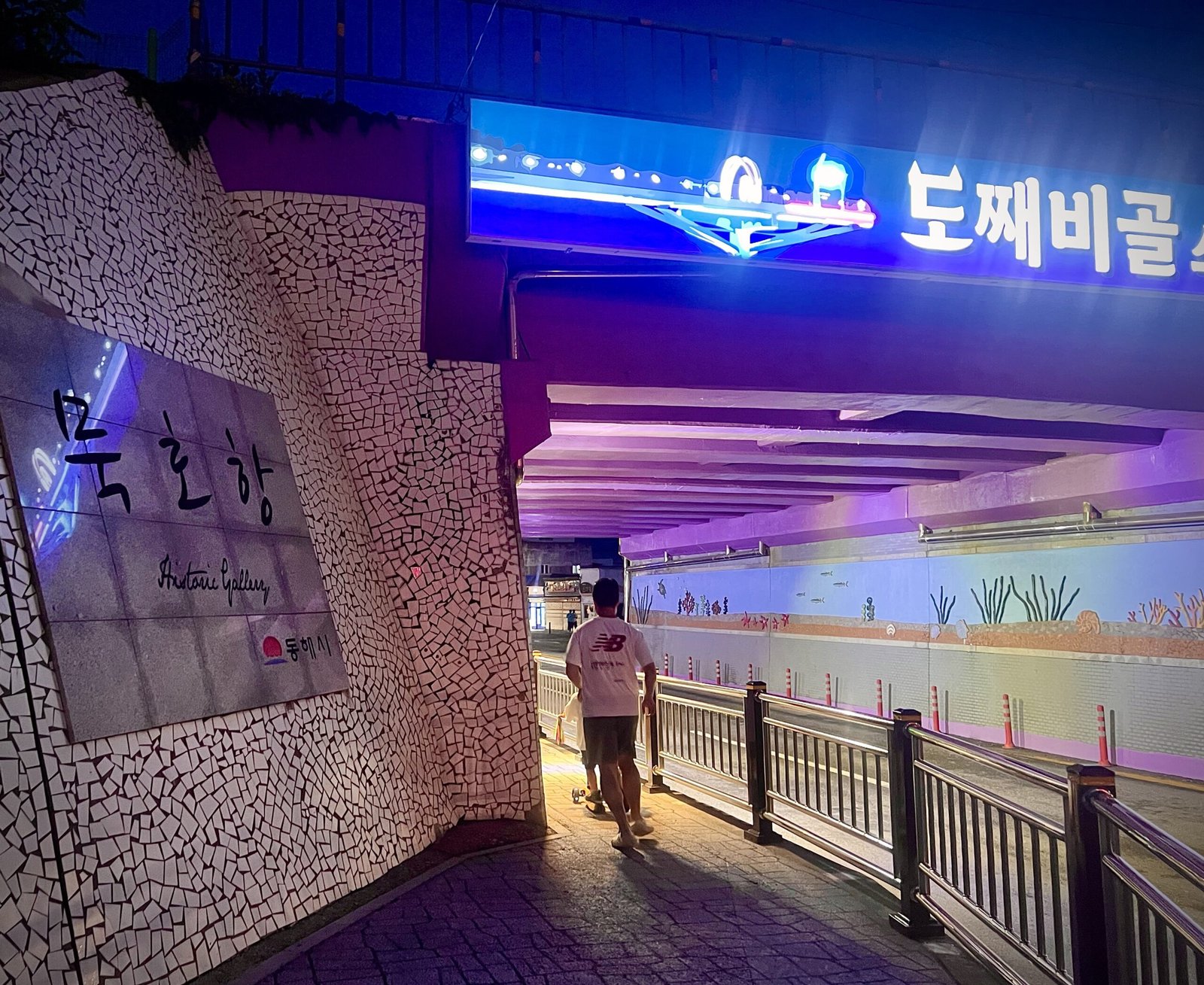 墨湖港歷史藝廊入口與道째비谷燈光招牌，夜間步行通道